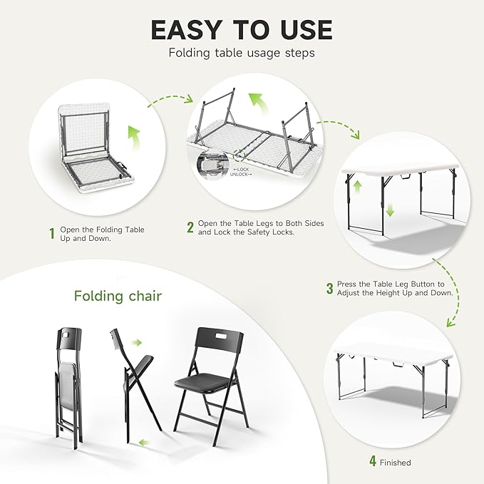4FT Folding Table Set with 4 Chairs – Heavy-Duty 400 lb Table & 330 lb Chairs, Dual-Height Adjustment, Portable Folding Furniture Set for Camping, Parties, Indoor & Outdoor Use
