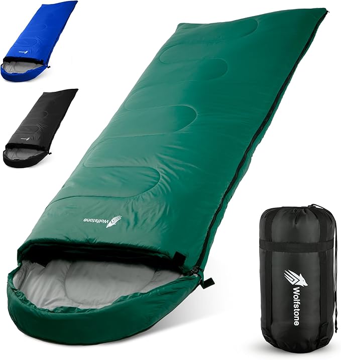 Wolfstone Sleeping Bags for Adults - 3 Season Sleeping Bags with Lightweight Compression Sack for Hiking & Camping - Anti-Snag Zipper, Tear-Resistant Shell & Breathable Lining in Black, Blue or Green