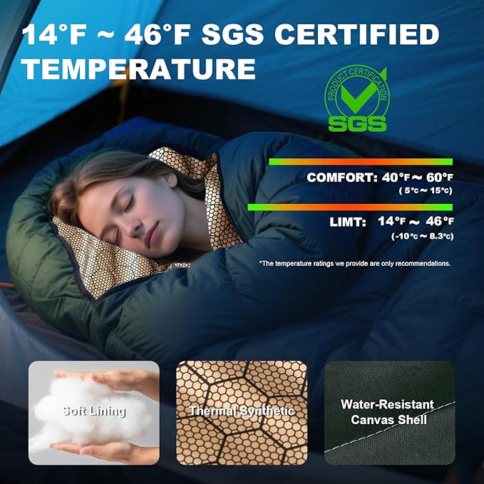Winter Cold Weather Sleeping Bag for Adults 0 Degree,Cotton Canvas with YKK Zipper Compact Backpacking Mummy Camping Sleeping Bag