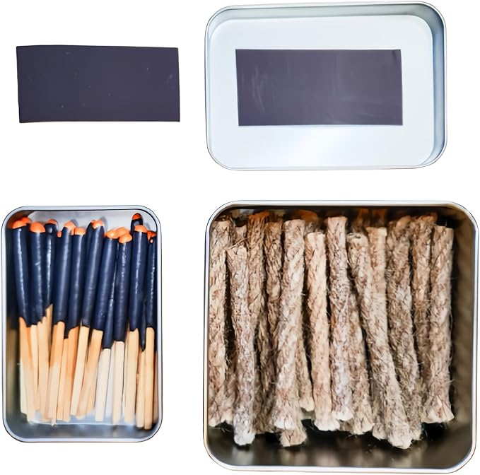 Survival Waterproof Matches Kit – 20/40/60/80/100 Fire Matches + Extra Striker in Metal Tin, Waxed Tinder Cords – Stormproof Windproof Fire Starter for Camping & Emergency (1 x Tin Matche+ 20 Ropes)