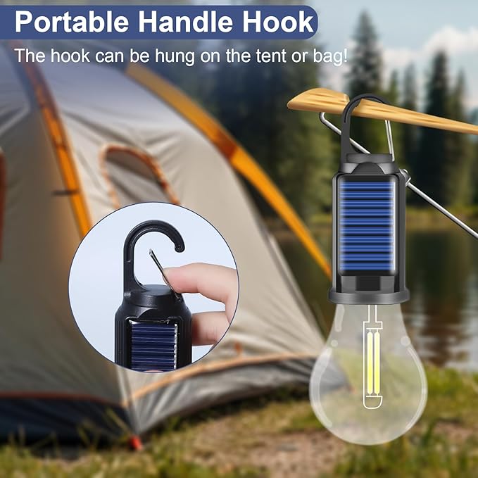 Solar Light Bulb for Outdoor, Portable Waterproof Tent Lights with Clip Hook, Rechargeable Outdoor Solar Light for Camping, Backpacking, Emergency, 4 Pack
