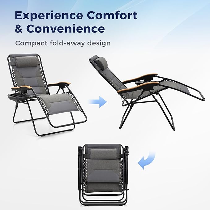 MAISON ARTS Oversized XXL Padded Zero Gravity Chair Set of 2, 30" Wide Seat Foldable Patio Recliner, Anti Gravity Outdoor Lawn Chair with Cup Holder & Pillow, Supports 400lbs, Grey