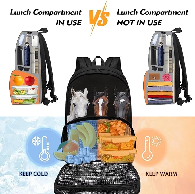All In One Backpack Meal Bag for Men Women Kids, Hiking Picnic Travel School Cooler Backpack with Multi Pockets, School Bags Laptop Backpack for Boys, Horses Print