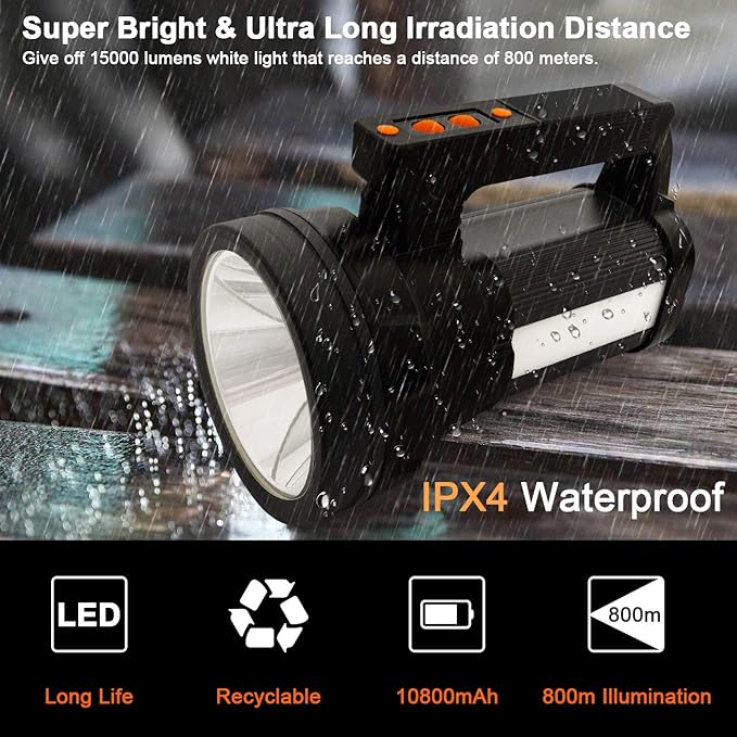 ERAY Ultra Powerful LED Torch, 10800mAH/15000 Lumens Rechargeable Flashlight, IPX4 Waterproof, 6 Modes USB Torch for Camping/Hiking/Emergency/Power Outage