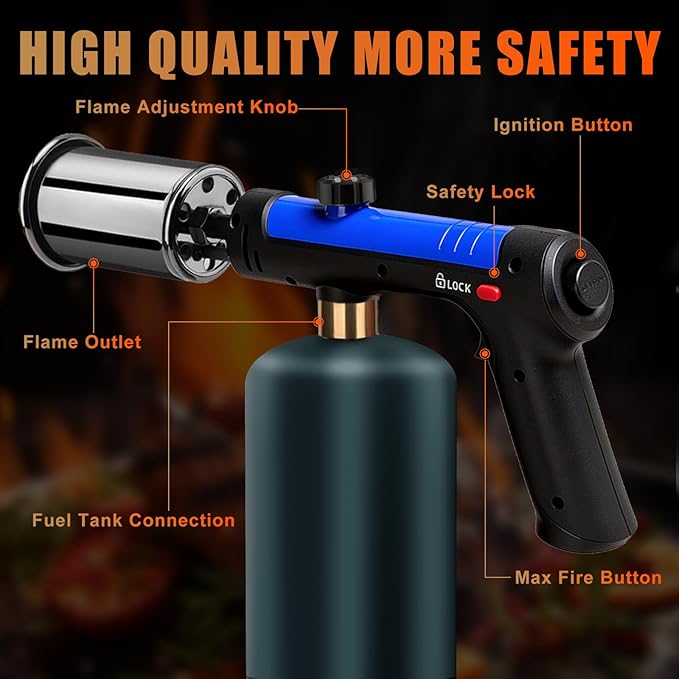 Torch Gun with One-Touch Max Fire, Safety Lock, Blow Torch Gun for BBQ, Grill, Charcoal Lighter, Cooking Flamethrower (Tank Not Included)