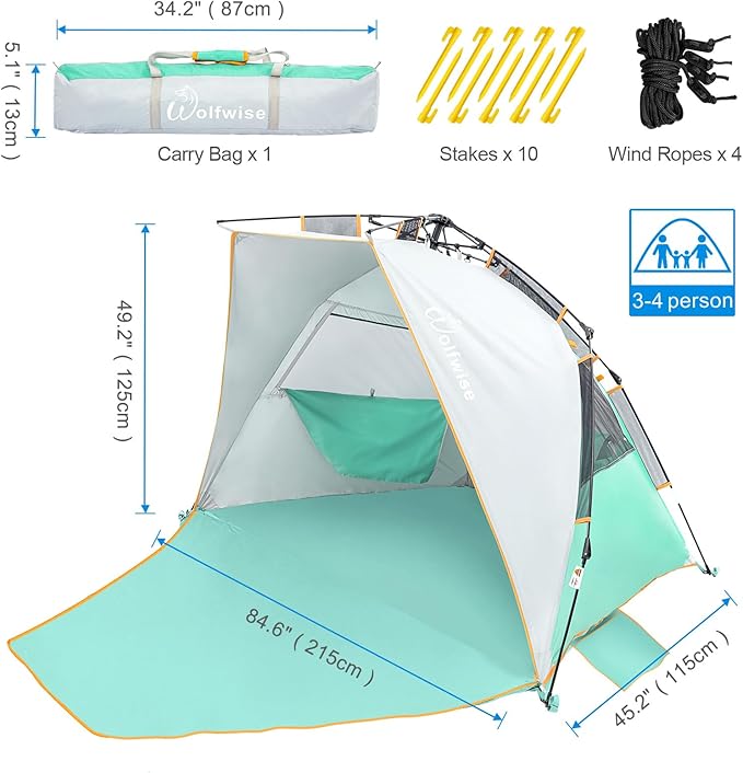 Wolfwise Instant Beach Tent Sun Shelter with Zippered Extendable Porch for Privacy, Portable Beach Tents with Carrying Bag, Easy Setup Pop up Shade for 3-4 Person, 85 x45x49 in, Mint Green