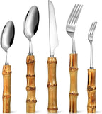 Eboot Bamboo Silverware Set 18/8 Stainless Steel Tableware Set Natural Utensil Flatware Kit Spoon Fork Knives Bamboo Handle Cutlery for Kitchen Wedding Home Restaurant Party(Silver,30 Pieces)
