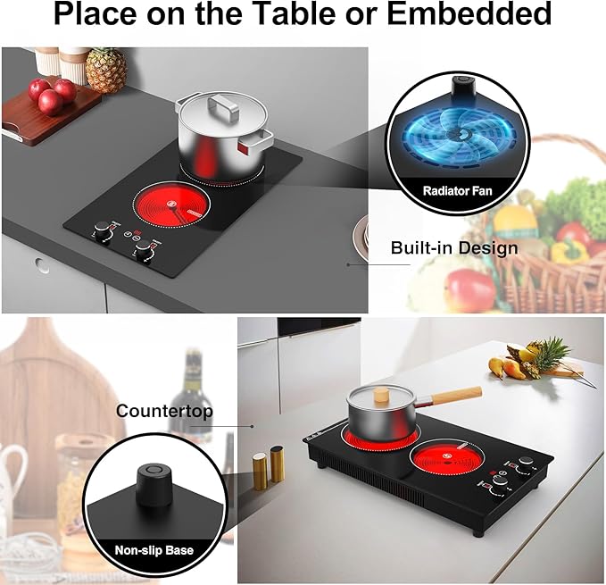 Electric Cooktop, 2 Burner Ceramic Cooktop 2400W 110V, Built-in or Countertop with Touch and Knob Control, 10 Power Levels, Child Lock, Timer, Hot Surface Indicator, Overheat Protection