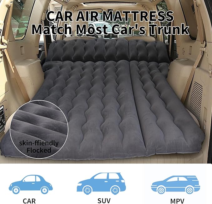 Car Air Mattress, Inflatable SUV Truck Camping Mattress for Back Seat, Thickened Travel Car Bed Sleeping Pad with Air Pump 2 Pillows (SUV-Black, SUV Air Mattress)