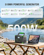 519Wh Solar Generator 500W (Peak 1000W) Portable Power Station with 2 110V AC Outlets, 60W Fast-Charging USB-C PD,10 Total Output Ports,Built-in Wireless Charger,for Camping Trips, RV Travel