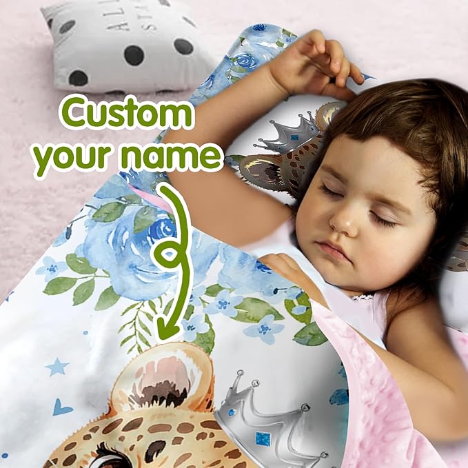 Custom Toddler Nap Mat for Preschool, Personalized Name Light Blue Kids Sleeping Bag with Leopard for Daycare, Roll Up Sleeping Mat with Removable Pillow and Soft Dot Minky Blanke for Girls Camping