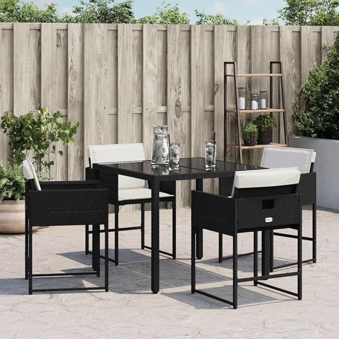 Foldable Patio Chair Set of 4 Black & Cream Rattan Outdoor Dining Chairs 17.1'' Leg Height 15'' Seat Depth Fold-up Camping Chairs for Balcony Garden Terrace