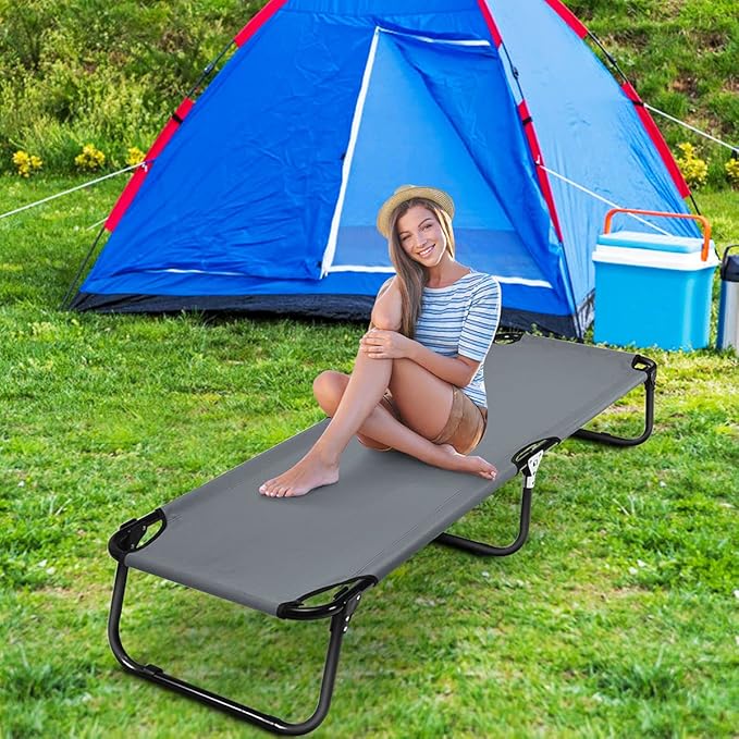Giantex Folding Camping Cot for Adults, Portable Sleeping Cot Bed with 600D Oxford Fabric, Heavy Duty Frame, 350Lbs Capacity, 1-Step Use, Outdoor Lounge Chair for Sleepover Hiking, Home & Office, Grey