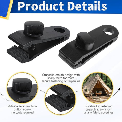 60 Pcs Heavy Duty Tarp Clips, Premium PA Tarp Clamps Kit with Lock Grip, Bungee Cords and Carabiners for Secure Fastening Awning, Swimming Pool Cover, Canopy, Shade Cloth, Camping Tents Accessories