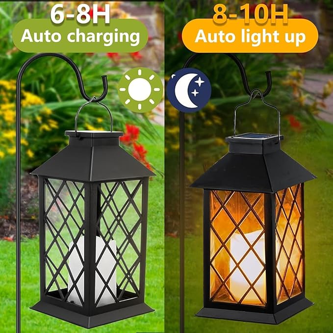 Solar Lanterns Outdoor Waterproof, 2 Pack Glass Hanging Solar Lights with Flickering Flameless Candle, Outdoor Lanterns for Patio Wall Porch Table Garden Yard Tree, Gift for Women Mom - Black