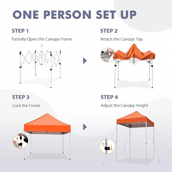 5x5 Pop Up Canopy Tent, Instant Portable Beach Canopy, Outdoor Tent with Carry Bag for Camping, Sports, Tailgating, Events, Orange