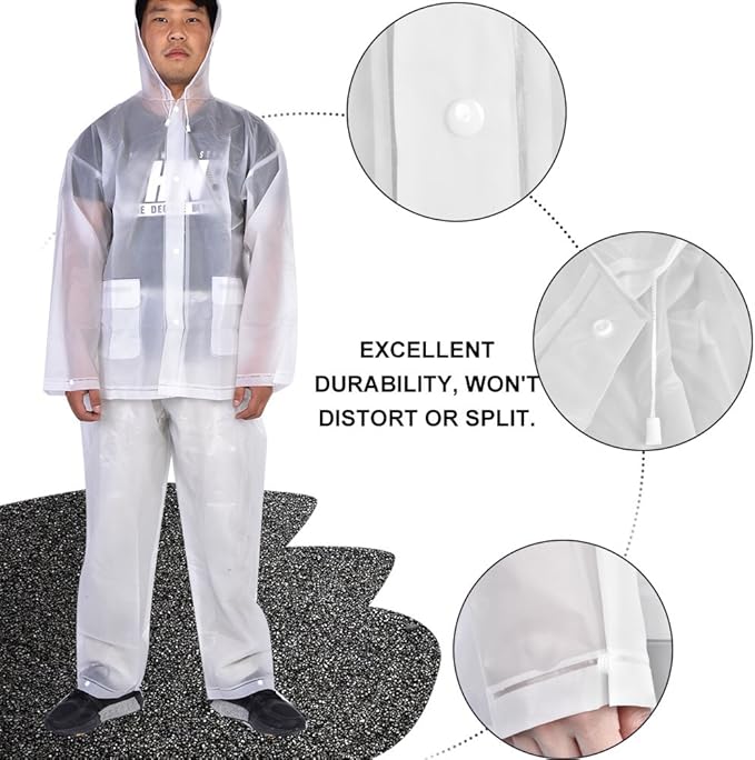 2pc Resuable Transparent EVA Rain Suits Unisex Emergency Rain Suit Clear Raincoat Waterproof Drawstring Hooded Rainwear Jacket Pants Set with Storage Bag for Hiking Drifting Camping Fishing (S, L)(L)