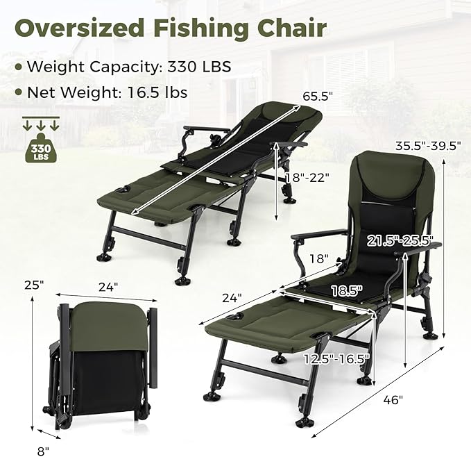 Goplus Oversized Foldable Fishing Chair for Adults, Heavy Duty All-Terrain Camping Chair with Detachable Footrest, Padded High-Back, Armrest, Adjustable Feet, Portable Recliner for Outdoor Patio Beach