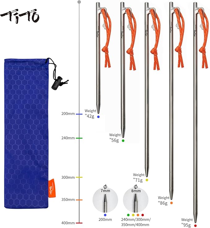 TiTo Titanium Tent Pegs Stakes Lightweight Snowfield Grassland Heavy Duty Tent Nails for Outdoor Camping Hiking and Plant Support Garden Stakes 4pcs/6pcs (7×200mm-4pcs)