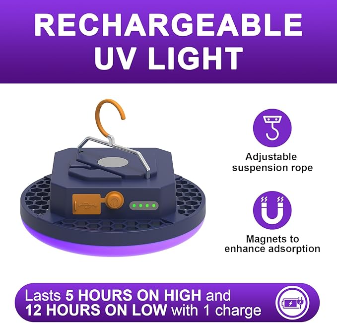 10000mAh Rechargeable UV Light 395nm UV / 6500K Camping Blacklight , 3000 Lumens Tent Light, Glow Lights for Party , Bedroom, Fluorescent Poster , Dog/Cat Urine Halloween Black Light (UV) (Standard)