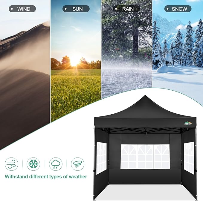 COBIZI 10x10 Pop Up Canopy Tent with 4 sidewalls Commercial Heavy Duty Canopy UPF 50+ All Weather Waterproof Outdoor Canopy Wedding Tents for Parties Gazebo with Roller Bag, Black (Windproof Upgraded)