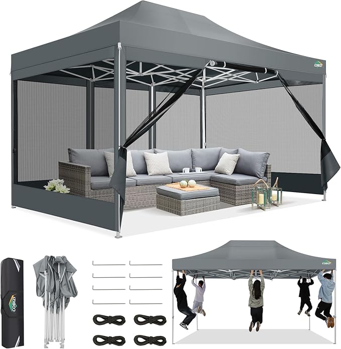 COBIZI 10x15 Heavy Duty Pop-Up Canopy Tent With Sidewalls, Waterproof Easy Setup, Mosquito Netting, Outdoor Instant Screen for Parties, Wedding, Backyard - Carry Bag Included, Gray