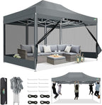 COBIZI 10x15 Heavy Duty Pop-Up Canopy Tent With Sidewalls, Waterproof Easy Setup, Mosquito Netting, Outdoor Instant Screen for Parties, Wedding, Backyard - Carry Bag Included, Gray