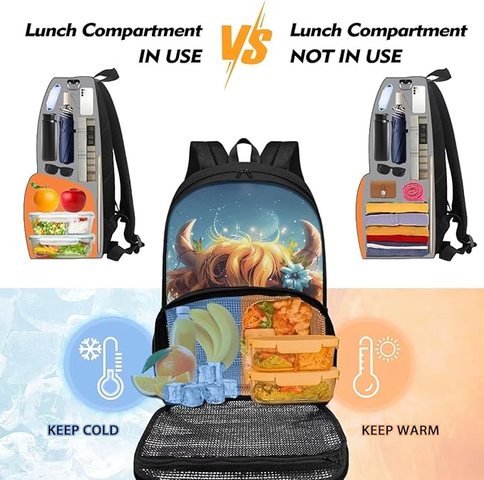 Cute Yak Cow 17 Inch Kids Casual School Backpack Purse, Extra Large Insulated Unisex Lunch Cooler Bag With Computer Compartment, Hiking Picnic Travel Student Dayback