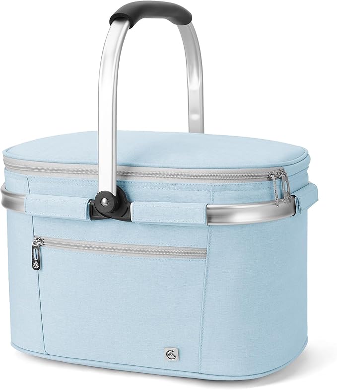 ALLCAMP Picnic Basket - Insulated Cooler, Thickening Foldable Picnic Basket with Removable Baskets & Sewn-in Frame, Basket for House Warming Gifts New Home(Light Blue)