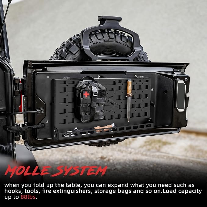 MusixiA Foldable Tailgate Table for Jeep Wrangler JL & JLU Wrangler JK & JKU(2007-2025) - Double-Layer Storage Cargo Shelf with Molle Panel, Aluminum Alloy