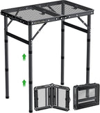 GARLLEN 2ft Folding Grill Table Max Capacity 66lbs, 3-Height Adjustable Folding Camping Table with Heat-Resistant Mesh Tabletop, Portable Aluminum Picnic Tables for BBQ, Outdoor, 22.8" L x 15.7" W