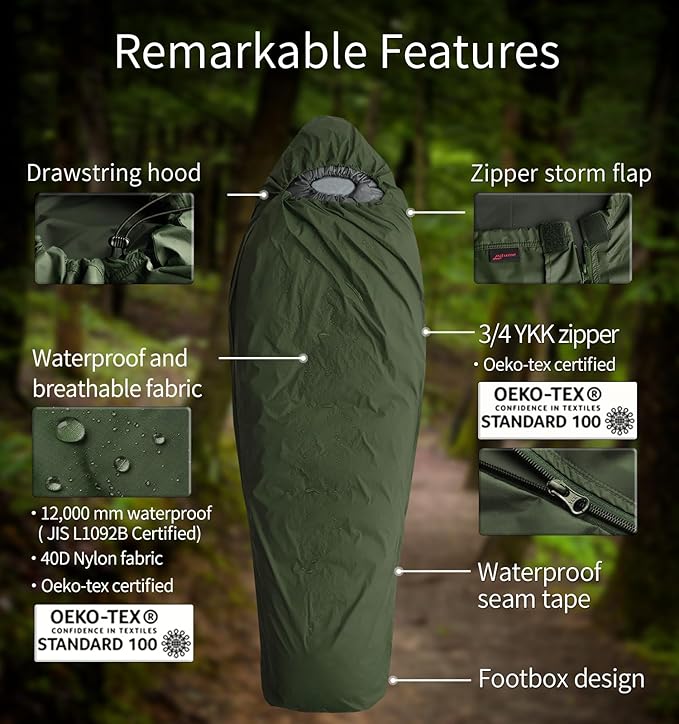 Litume Bivy Sack Sleeping Bag Cover – Waterproof Mummy-Style, Compact & Lightweight Shelter for Stealth Camping Backpackers Wild bushcraft Equipment Outdoor Survival