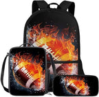 Rnyleeg Fire American Football Backpack for Boys with Lunch Box Novelty Elementary School Bag Set Lightweight Bookbag Set of 3 for Kids Back to School Gifts