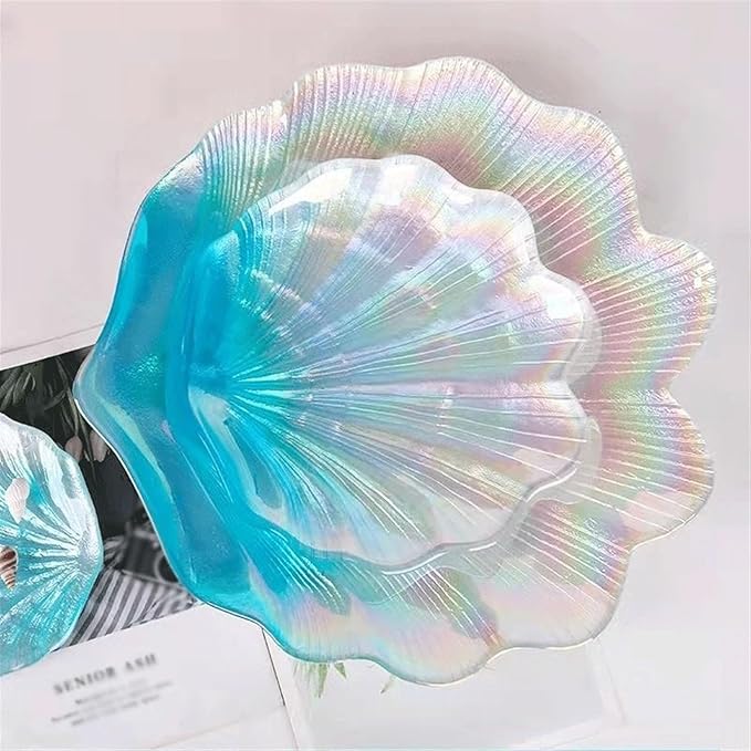 Camping Plates Creative Shell-Shaped Glass Dinner Plate Gradient Color Plate Salad Fruit Plate Dessert Home Kitchen Plate Tableware Decorative Plate(19.5cm)