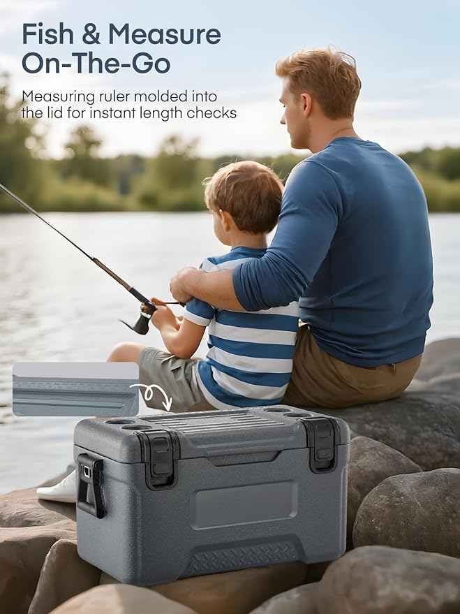 Cooler, Portable Hard Cooler with Dual Latches, Insulated Ice Chest with Swing-up Side Handles, Molded Ruler＆Cup Holders, Coolers Keeps Cool up to 6 Days, Camping Fishing Road Trips Beach, 47.5 QT