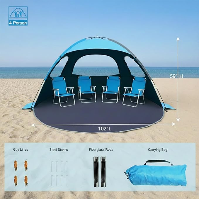NXONE Beach Tent Sun Shelter with UPF 50+ UV Protection, Lightweight Easy Setup Portable Beach Canopy for Family, Large Space for Beach, Camping & Outdoor, 3/4/6 Person