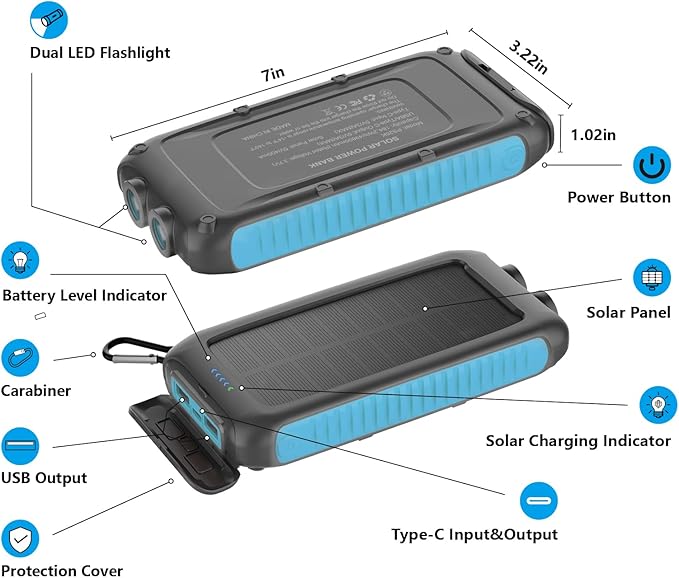 Solar Charger Power Bank 16000mAh Portable 15W Fast Charging Power Bank with QC3.0 USB-C & Dual USB-A Ports for Cell Phones, LED Flashlight, Carabiner, Waterproof Solar Panel for Camping, Outdoor