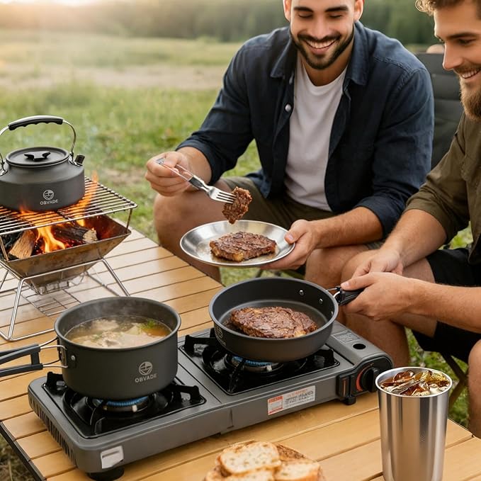 17-Piece Camping Cookware Set, Lightweight Backpacking Pot & Pan Kit with Non-Stick Anodized Aluminum, 0.45Gal Pot, 0.30Gal Kettle, 2 Cups & Cutlery Sets, Compact for Hiking(Plastic)