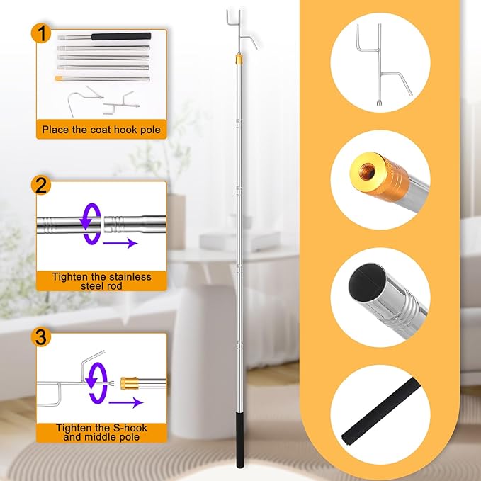 Clothes Hook Pole,29-71 Inch Adjustable Extension with Hook Bar.Suitable for Clothes Hanger Rod, Christmas light, Hanging Flowerpot Plants and Bird Feeder, Tent Shelter Camper Canopy (with two hooks)