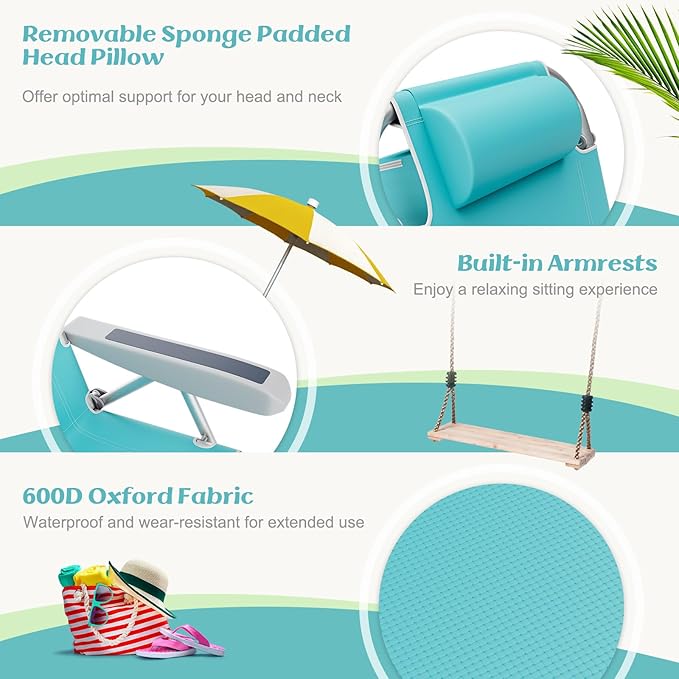 Tangkula Set of 4 Backpack Beach Chair, 5-Position Lightweight Folding Lay Flat Beach Chairs with Storage Bag, 2 Cup Holders, Towel Bar, Backpack Straps