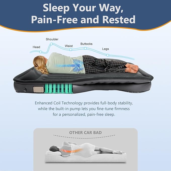 Self-Inflating SUV Air Mattress with Built in Electric Pump，car air Mattress with Pillow for Trunk，Portable car Mattress for Travle and Camping, Black