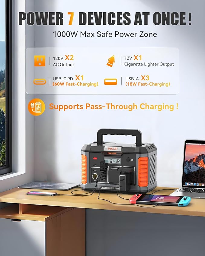 BALDR 1000W Power Station, 808Wh, 18.5 lbs Portable Lightweight Solar Generator with AC Outlet, Multiple Ports for Camping, Home Backup.