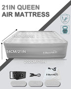 Air Mattress Queen with Built in Wireless Battery Pump, Blow Up Inflatable Mattress for Camping,Guest Air Bed, All Fabric, 21'' Grey Queen