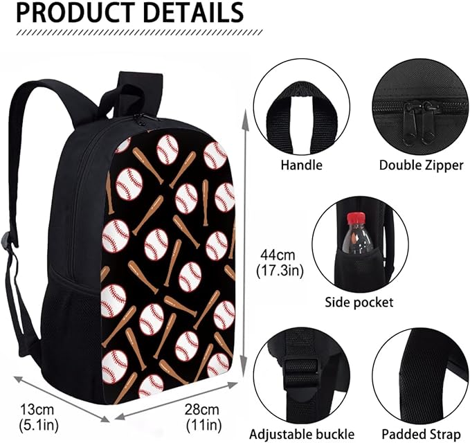 Baseball Bookbag with Insulated Lunchbox Pencil Holder Set,4 in 1 Flame Baseball Children Backpack for Kindergarten Elementary Middle 17 Inch Daypack for Camping Travel