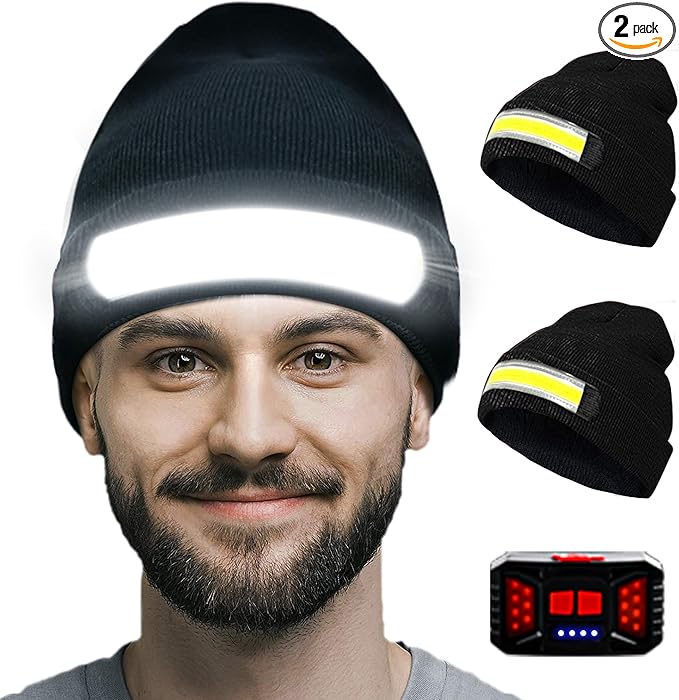2Pack Rechargeable Headlamp Beanie, 1200Lumens LED Beanie Hat with Wide Beam Light Built-in, 6 Modes, Winter Headlight Head Lamp Beanie, Gifts for Men Dad Father Husband(Black+Black)