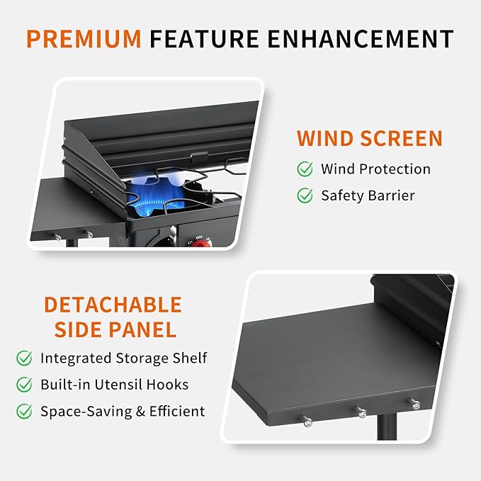 SKOK 2 Burners Portable Propane Stove with Wind Panel & Side Shelves,Portable Camping Stove with High Efficiency Propane Burner,Outdoor Stove for Camping, Backyard, Picnic