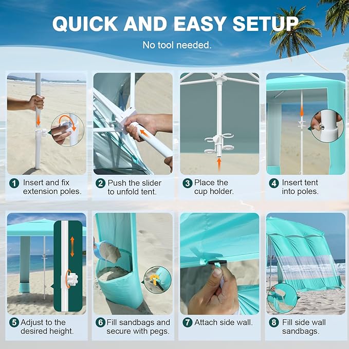 Rhino Valley Beach Cabana, 8 * 8FT Beach Shade Canopy Tent UPF50+ Protection, Easy Setup Wind Resistant with Cup Holder, Portable Foldable Beach Tent Sun Shelter for Whole Family, Turquoise Green