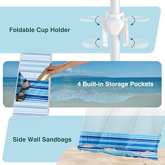 Rhino Valley Beach Cabana, 8 * 8FT Beach Tent UPF50+ Protection, Easy Setup Beach Canopy Wind Resistant with Cup Holder, Compact Beach Shade Foldable Beach Tent Sun Shelter, Blue Four Stripes