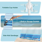 Rhino Valley Beach Cabana, 8 * 8FT Beach Tent UPF50+ Protection, Easy Setup Beach Canopy Wind Resistant with Cup Holder, Compact Beach Shade Foldable Beach Tent Sun Shelter, Blue Four Stripes
