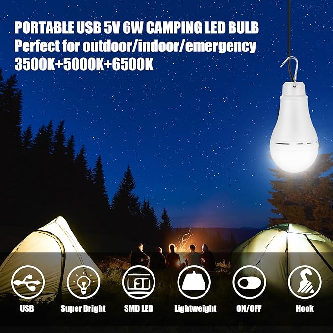 6 Pcs USB Light String LED Portable Light Bulb Rechargeable USB Strip, 6.6 ft Length Cord Camping Lantern with Splitter Cable for Camping Porch Backyard Garage Warehouse Truck Fishing Boat